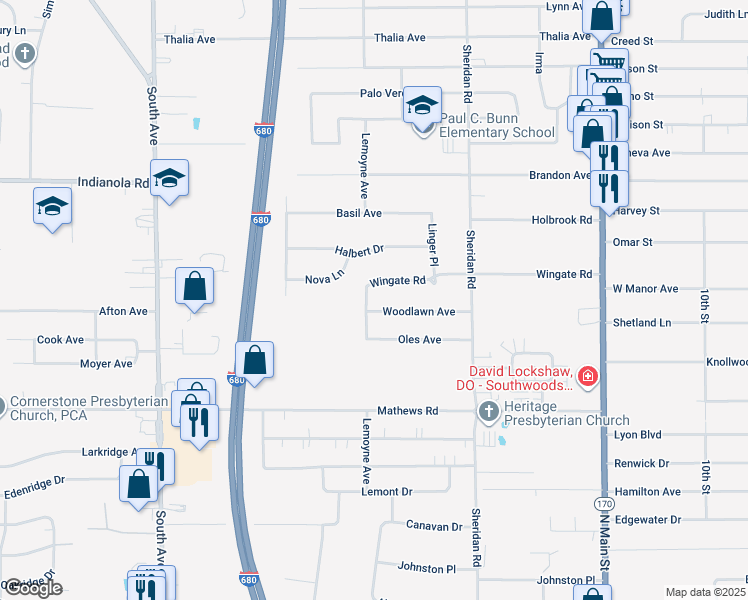 map of restaurants, bars, coffee shops, grocery stores, and more near 5479 Lemoyne Avenue in Youngstown