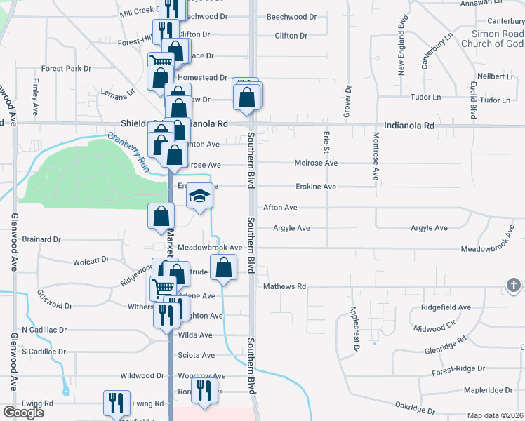 map of restaurants, bars, coffee shops, grocery stores, and more near 120 Afton Avenue in Youngstown