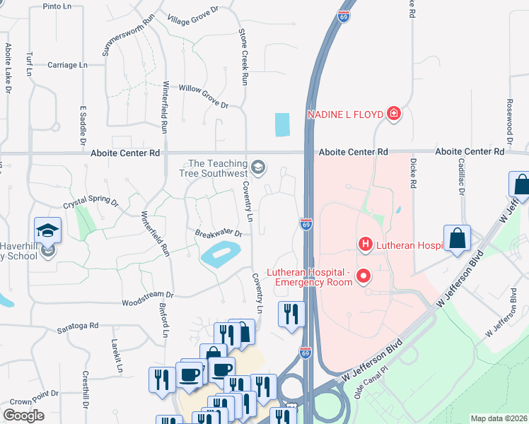 map of restaurants, bars, coffee shops, grocery stores, and more near 4499 Coventry Parkway in Fort Wayne