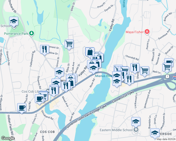 map of restaurants, bars, coffee shops, grocery stores, and more near 69 Valley Road in Greenwich