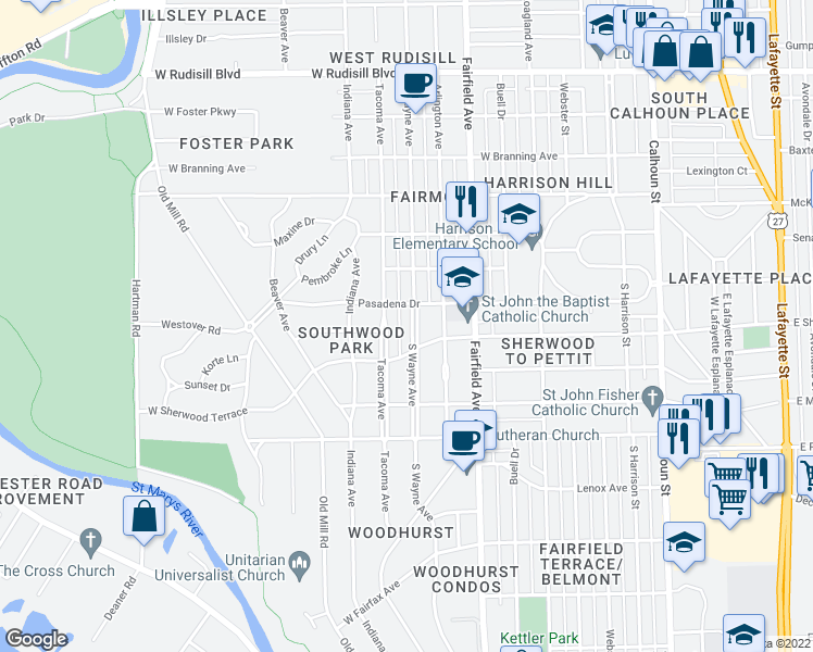 map of restaurants, bars, coffee shops, grocery stores, and more near 4522 South Wayne Avenue in Fort Wayne