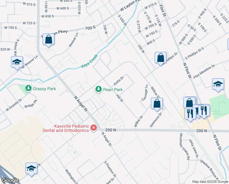 map of restaurants, bars, coffee shops, grocery stores, and more near 1968 Hill Street in Kaysville