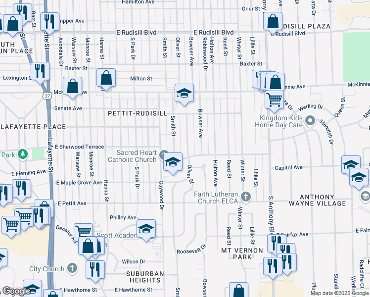 map of restaurants, bars, coffee shops, grocery stores, and more near 4602 Oliver Street in Fort Wayne