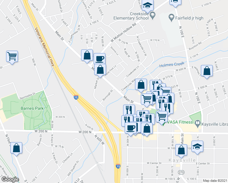 map of restaurants, bars, coffee shops, grocery stores, and more near 473 Main Street in Kaysville