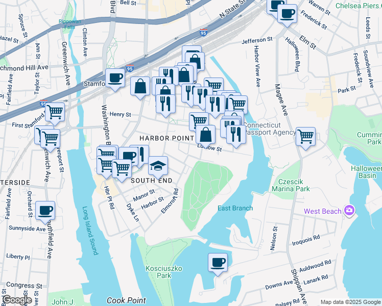 map of restaurants, bars, coffee shops, grocery stores, and more near 83 Ludlow Street in Stamford