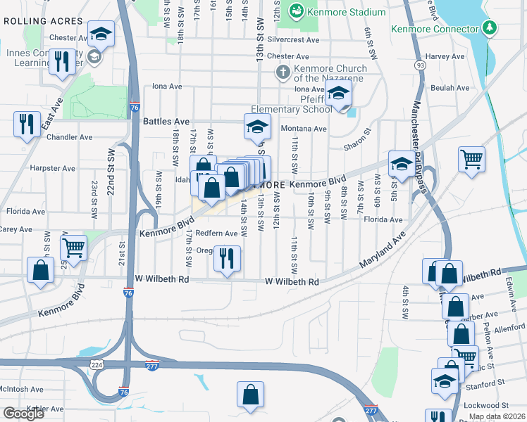map of restaurants, bars, coffee shops, grocery stores, and more near 2222 12th Street Southwest in Akron