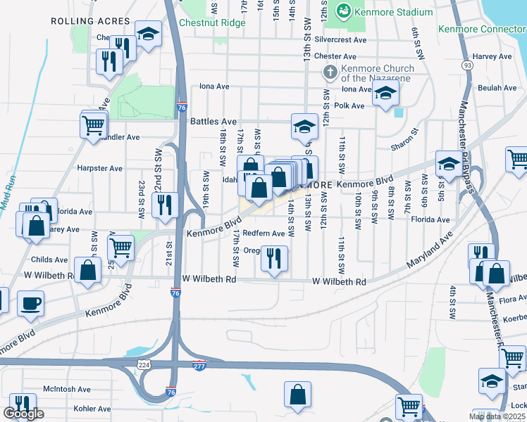 map of restaurants, bars, coffee shops, grocery stores, and more near in Akron