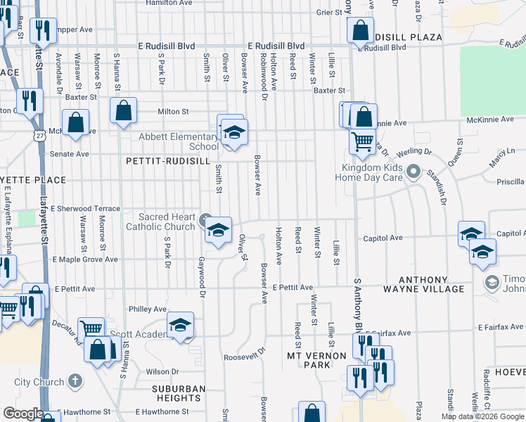 map of restaurants, bars, coffee shops, grocery stores, and more near 4511 Bowser Avenue in Fort Wayne