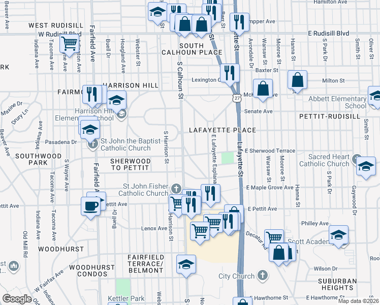 map of restaurants, bars, coffee shops, grocery stores, and more near 4500-4598 Calumet Avenue in Fort Wayne