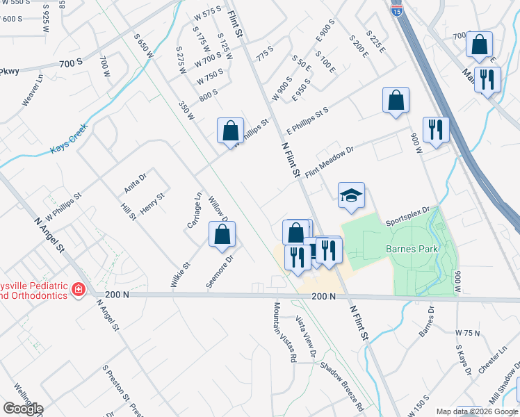 map of restaurants, bars, coffee shops, grocery stores, and more near Pleasant View Drive in Kaysville