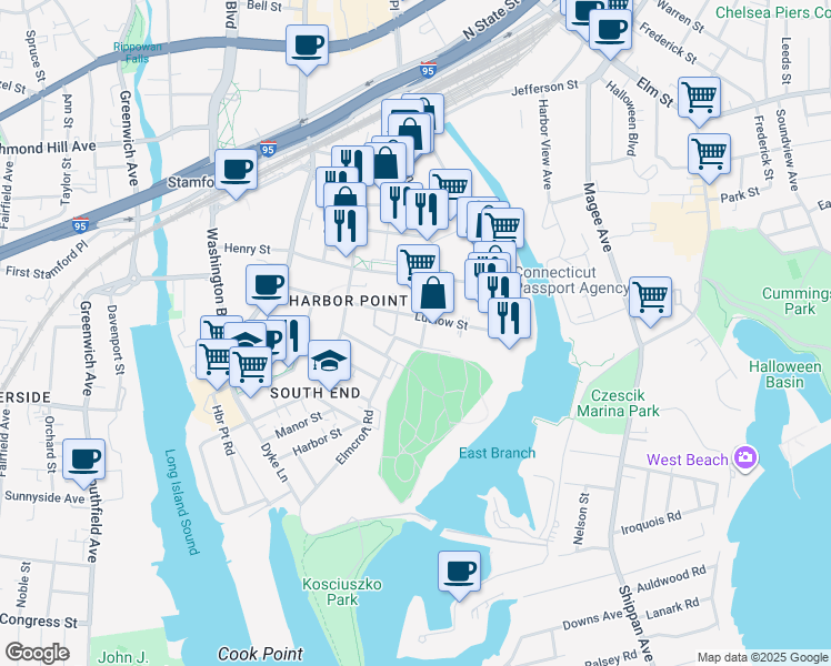 map of restaurants, bars, coffee shops, grocery stores, and more near 178 Ludlow Street in Stamford