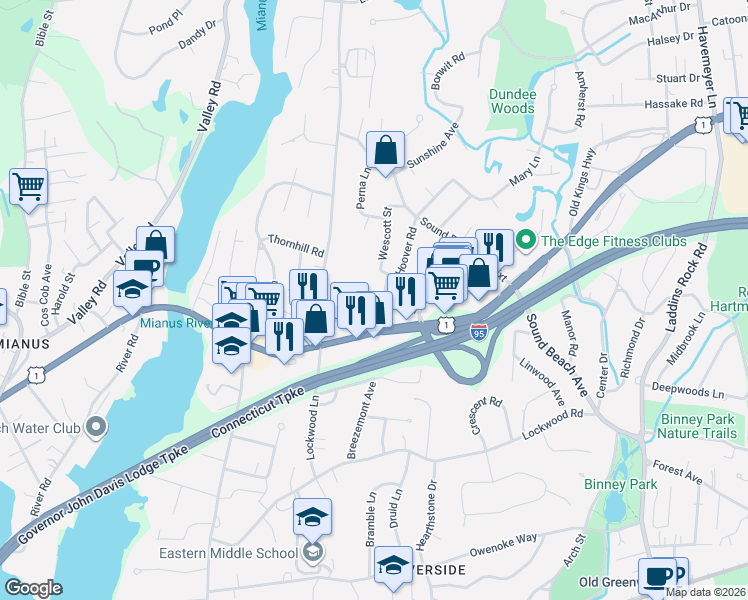 map of restaurants, bars, coffee shops, grocery stores, and more near 8 Wescott Court in Greenwich