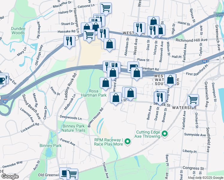 map of restaurants, bars, coffee shops, grocery stores, and more near 171 Harvard Avenue in Stamford