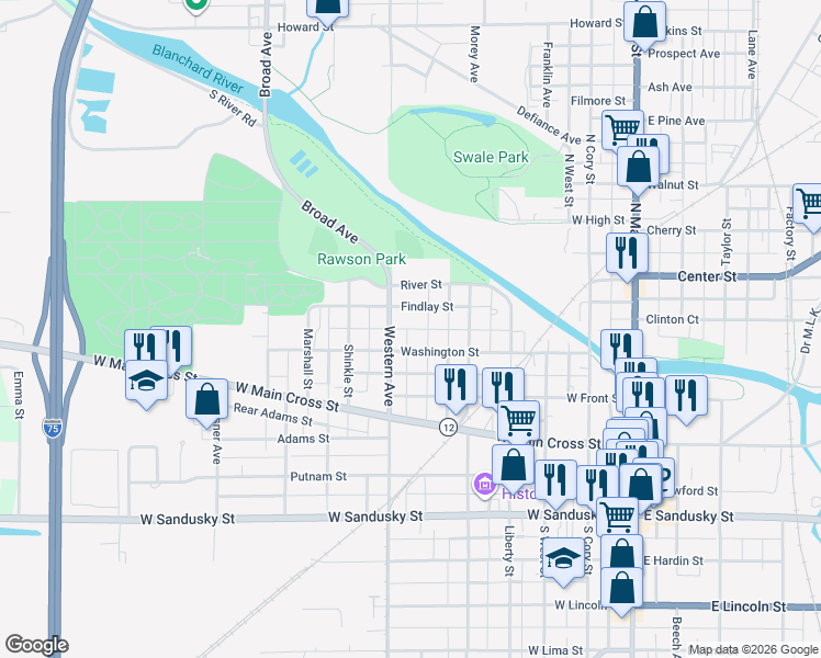 map of restaurants, bars, coffee shops, grocery stores, and more near Apple Alley in Findlay