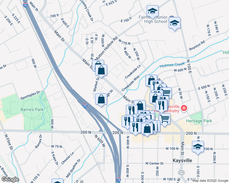 map of restaurants, bars, coffee shops, grocery stores, and more near 473 Main Street in Kaysville
