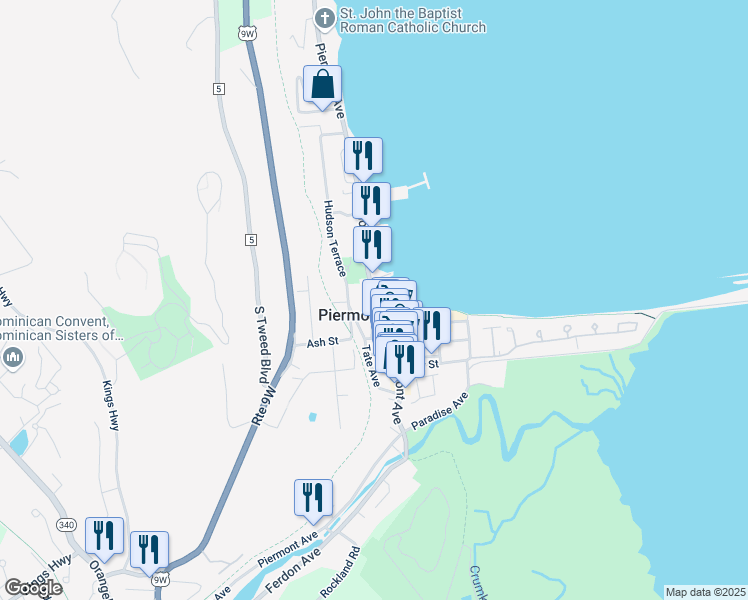map of restaurants, bars, coffee shops, grocery stores, and more near 42 Kinney Street in Piermont