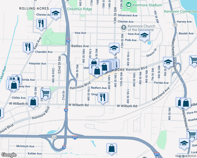 map of restaurants, bars, coffee shops, grocery stores, and more near in Akron