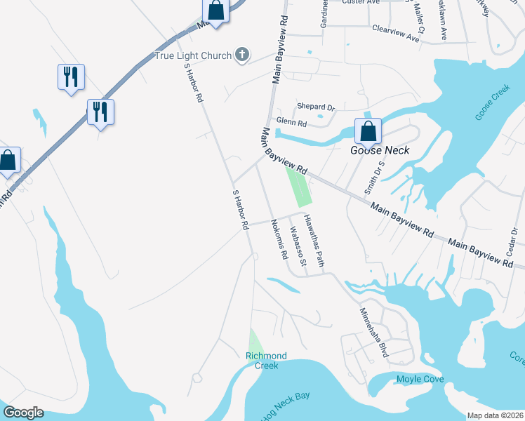 map of restaurants, bars, coffee shops, grocery stores, and more near 740 Nakomis Road in Southold