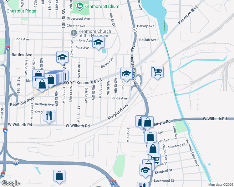 map of restaurants, bars, coffee shops, grocery stores, and more near 2235 6th Street Southwest in Akron