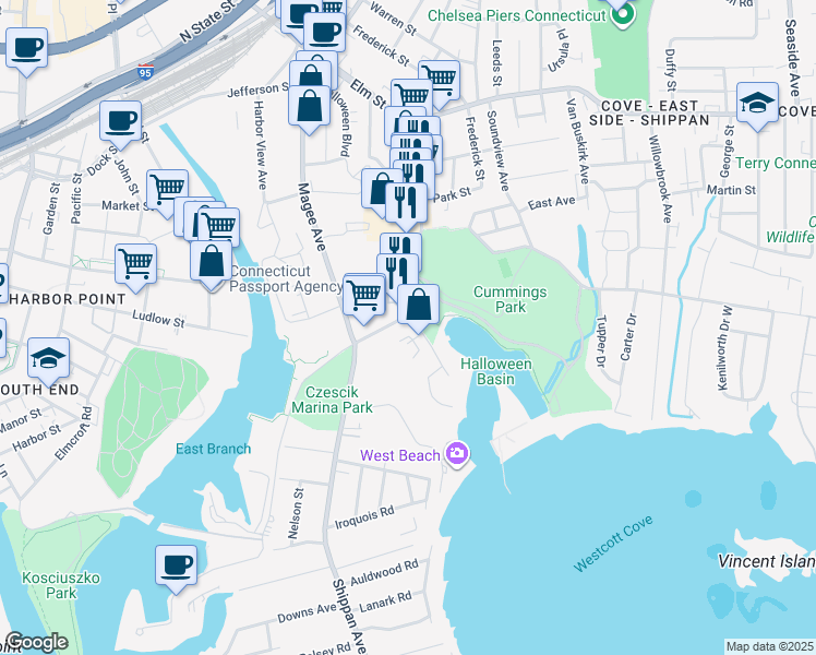 map of restaurants, bars, coffee shops, grocery stores, and more near 614 Shippan Avenue in Stamford
