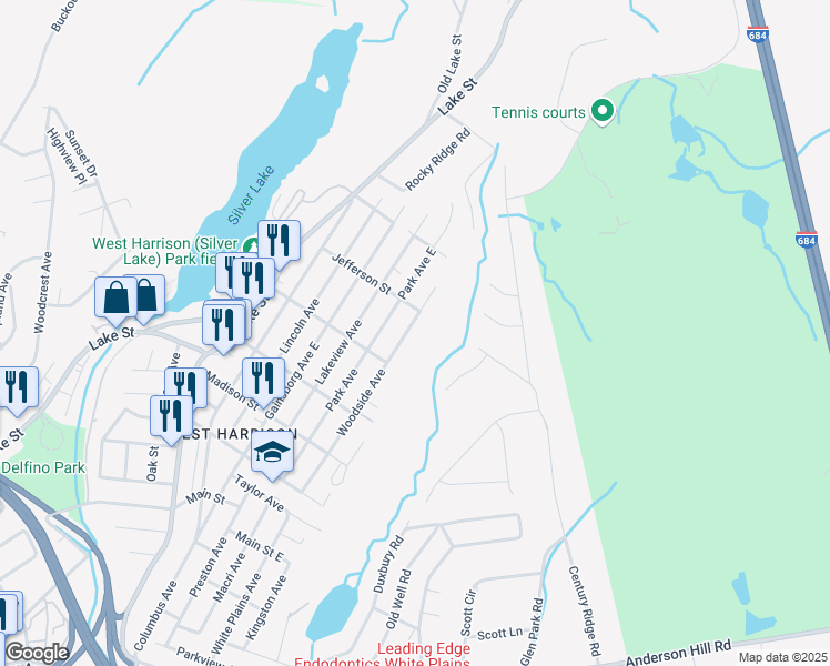 map of restaurants, bars, coffee shops, grocery stores, and more near 166 Park Avenue in Harrison