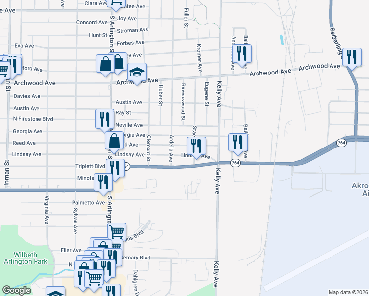 map of restaurants, bars, coffee shops, grocery stores, and more near 1175 Reed Avenue in Akron
