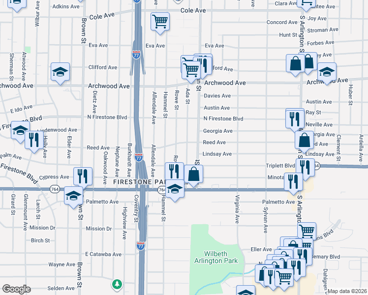 map of restaurants, bars, coffee shops, grocery stores, and more near 721 Reed Avenue in Akron