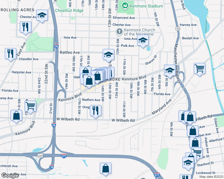 map of restaurants, bars, coffee shops, grocery stores, and more near 2222 12th Street Southwest in Akron