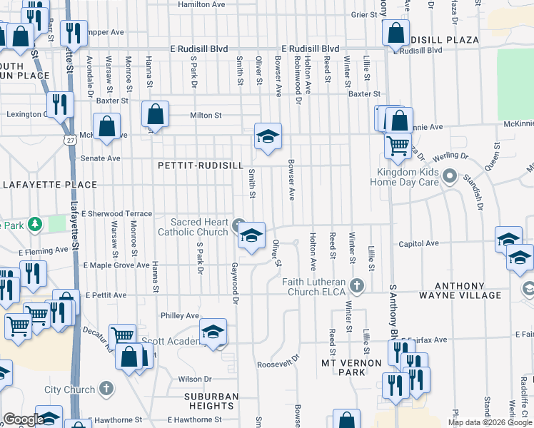 map of restaurants, bars, coffee shops, grocery stores, and more near 4516 Oliver Street in Fort Wayne