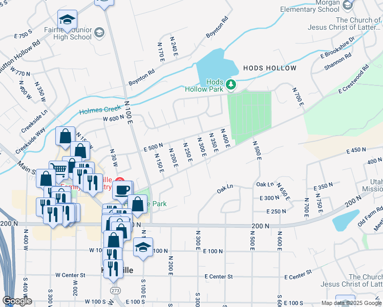 map of restaurants, bars, coffee shops, grocery stores, and more near 442 North 250 East in Kaysville