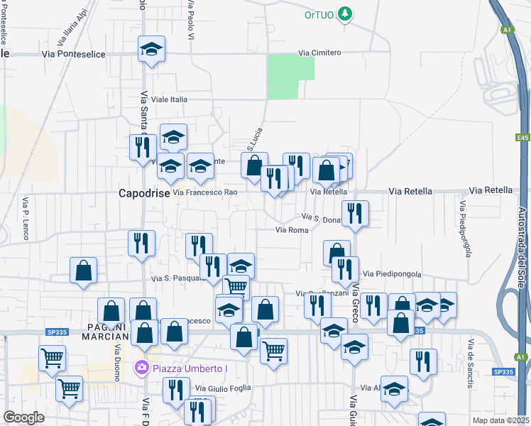 map of restaurants, bars, coffee shops, grocery stores, and more near 5 Via Giuseppe Mazzini in Capodrise