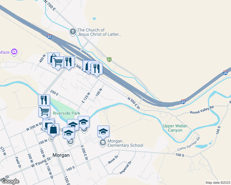 map of restaurants, bars, coffee shops, grocery stores, and more near 29 North 500 East Street in Morgan