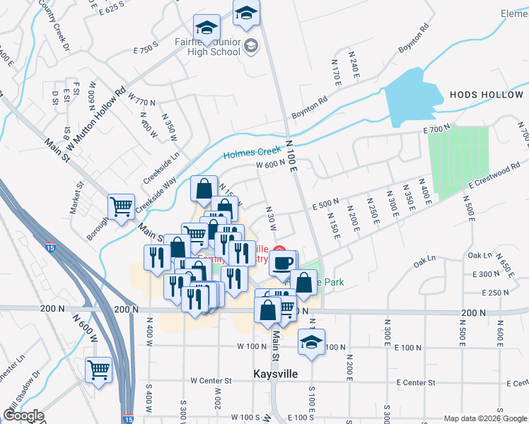 map of restaurants, bars, coffee shops, grocery stores, and more near 519 North 30 West in Kaysville