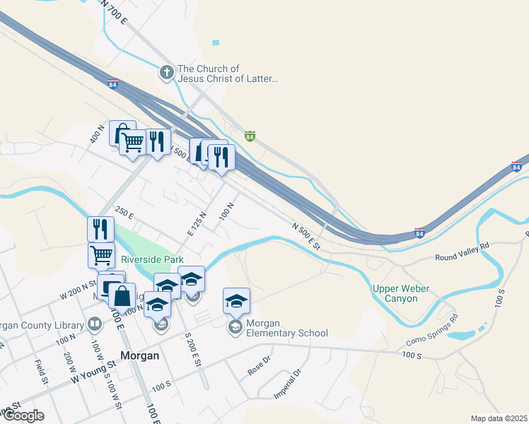 map of restaurants, bars, coffee shops, grocery stores, and more near 29 North Commercial Street in Morgan