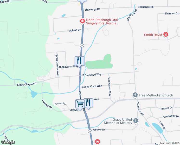 map of restaurants, bars, coffee shops, grocery stores, and more near 15 East Oakwood Way in New Castle