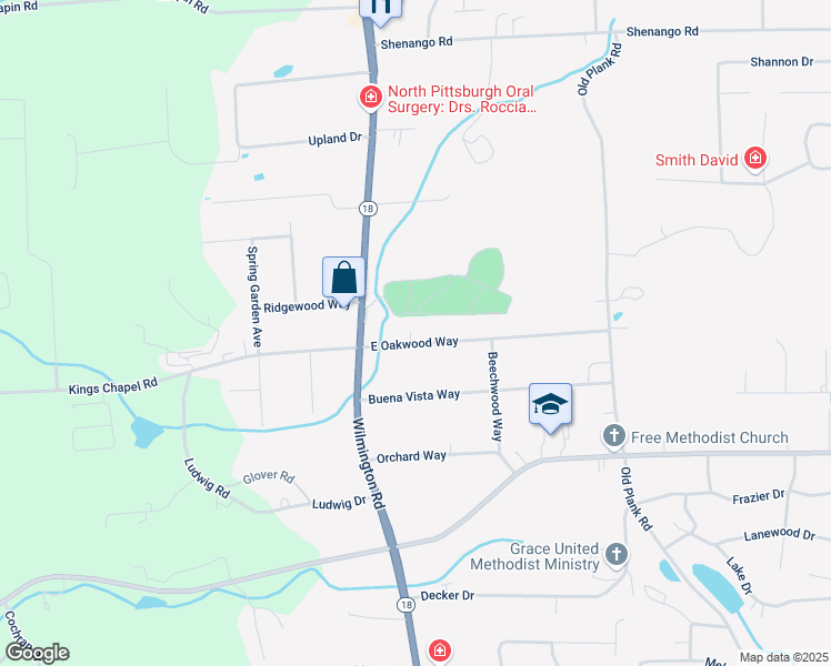 map of restaurants, bars, coffee shops, grocery stores, and more near 15 East Oakwood Way in New Castle