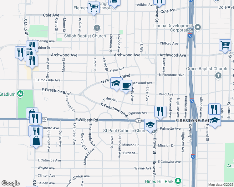 map of restaurants, bars, coffee shops, grocery stores, and more near 1479 Girard Street in Akron