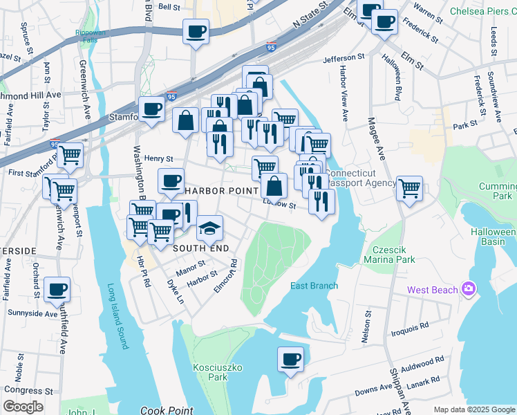 map of restaurants, bars, coffee shops, grocery stores, and more near 83 Ludlow Street in Stamford