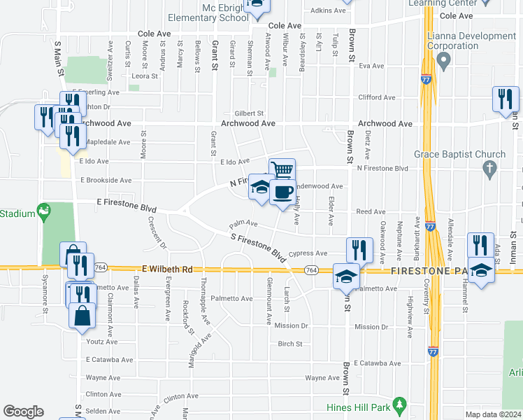 map of restaurants, bars, coffee shops, grocery stores, and more near 1479 Girard Street in Akron