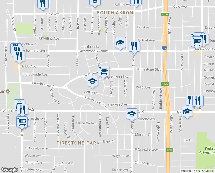 map of restaurants, bars, coffee shops, grocery stores, and more near 355 Reed Avenue in Akron