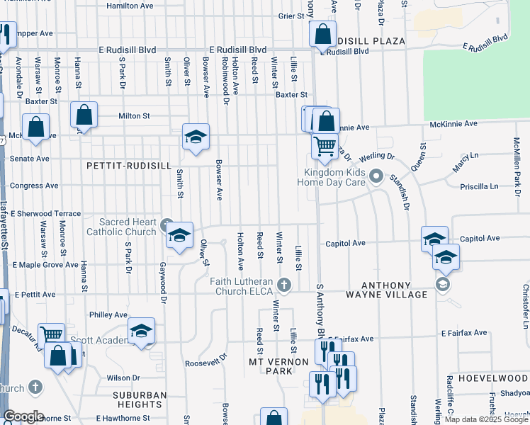 map of restaurants, bars, coffee shops, grocery stores, and more near 4514 Winter Street in Fort Wayne