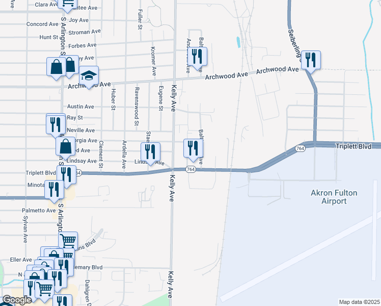 map of restaurants, bars, coffee shops, grocery stores, and more near 769 Anderson Avenue in Akron