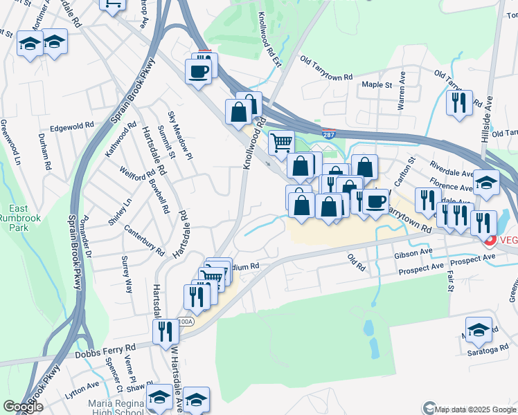 map of restaurants, bars, coffee shops, grocery stores, and more near 2 Preserve Court in White Plains