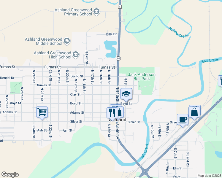 map of restaurants, bars, coffee shops, grocery stores, and more near 1425 Dawes Street in Ashland
