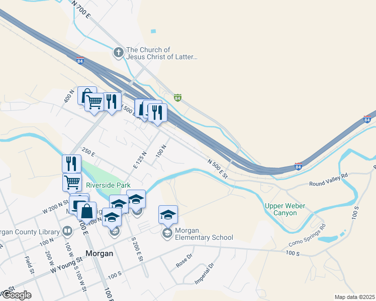 map of restaurants, bars, coffee shops, grocery stores, and more near 29 North Commercial Street in Morgan