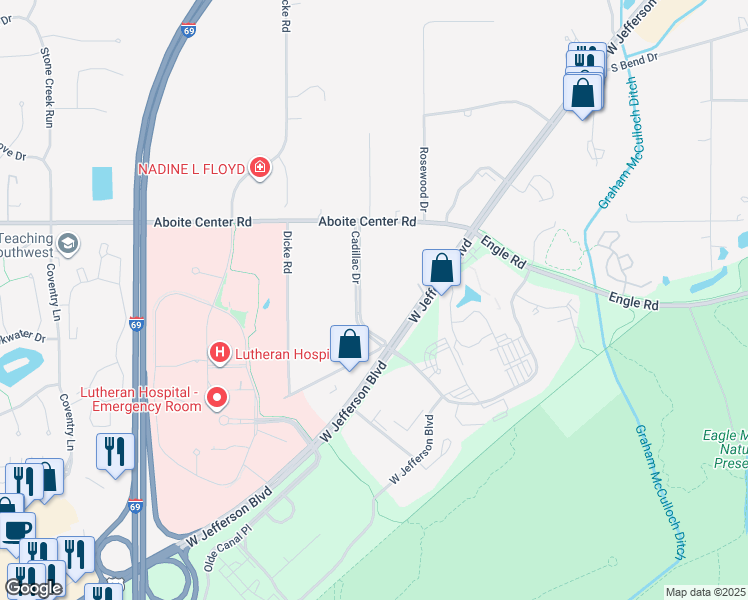 map of restaurants, bars, coffee shops, grocery stores, and more near 4331 Cadillac Drive in Fort Wayne
