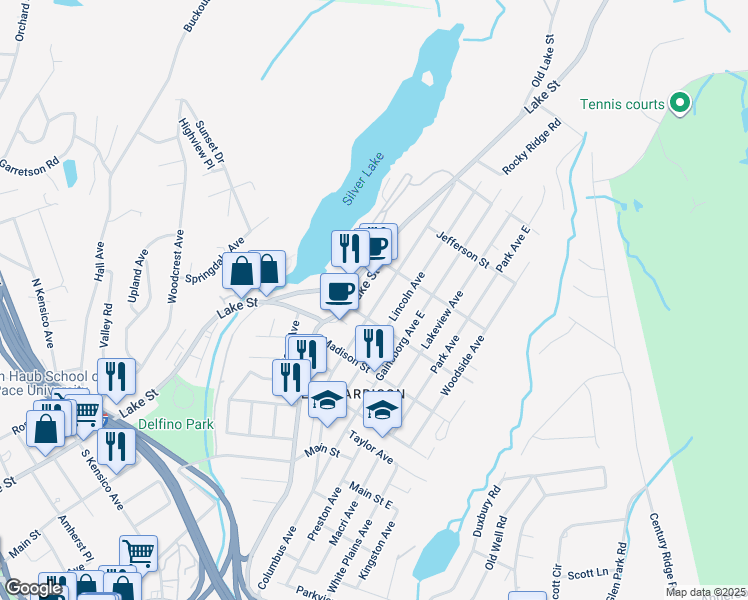 map of restaurants, bars, coffee shops, grocery stores, and more near 87 Lake Street in Harrison