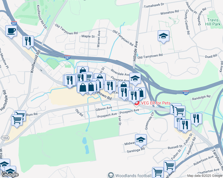 map of restaurants, bars, coffee shops, grocery stores, and more near 71 Longdale Avenue in White Plains