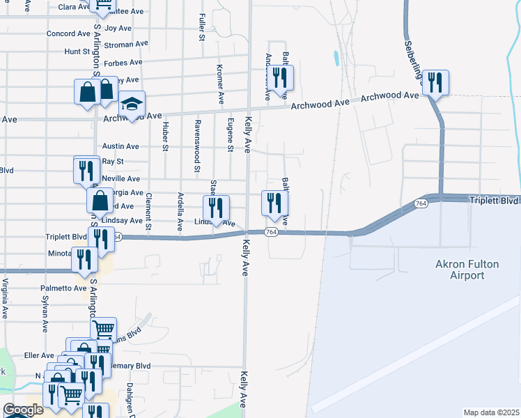 map of restaurants, bars, coffee shops, grocery stores, and more near in Akron