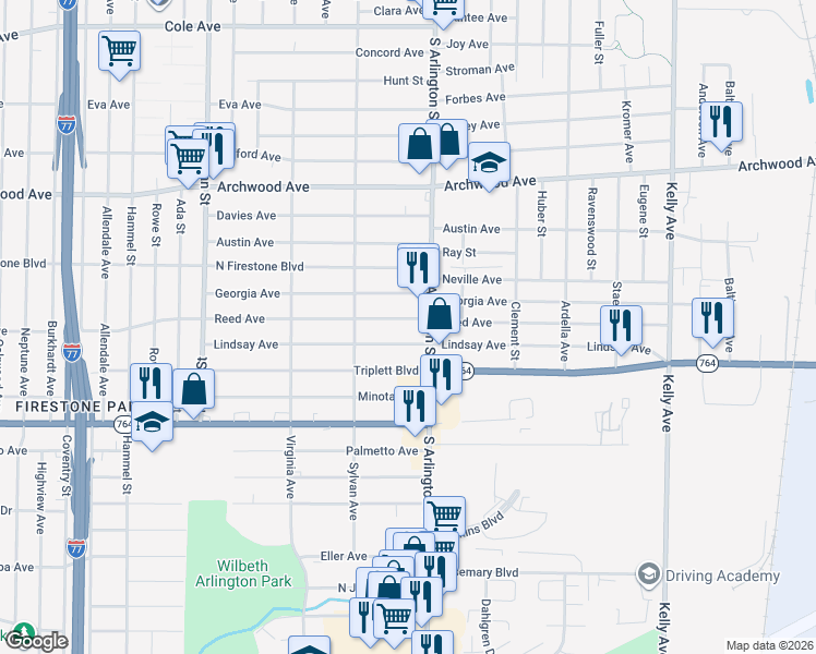 map of restaurants, bars, coffee shops, grocery stores, and more near 971 Reed Avenue in Akron